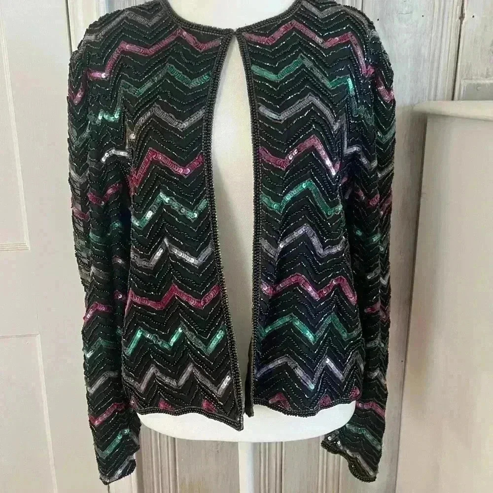 PAPELL BOUTIQUE Jewel Tone Beaded Sequined Silk Evening Jacket M holidays - Picture 2 of 8